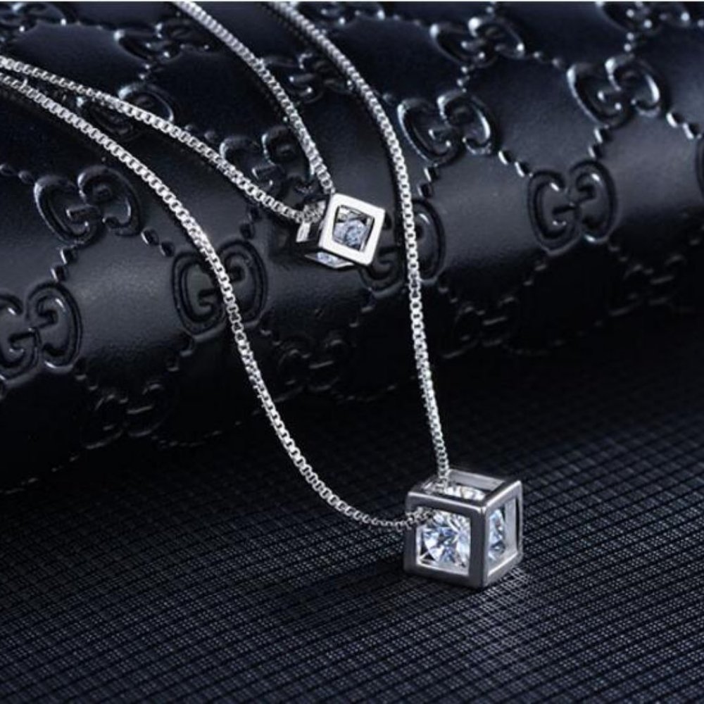 NEW 925 Sterling Silver Diamond Cube Necklace - Picture 6 of 8